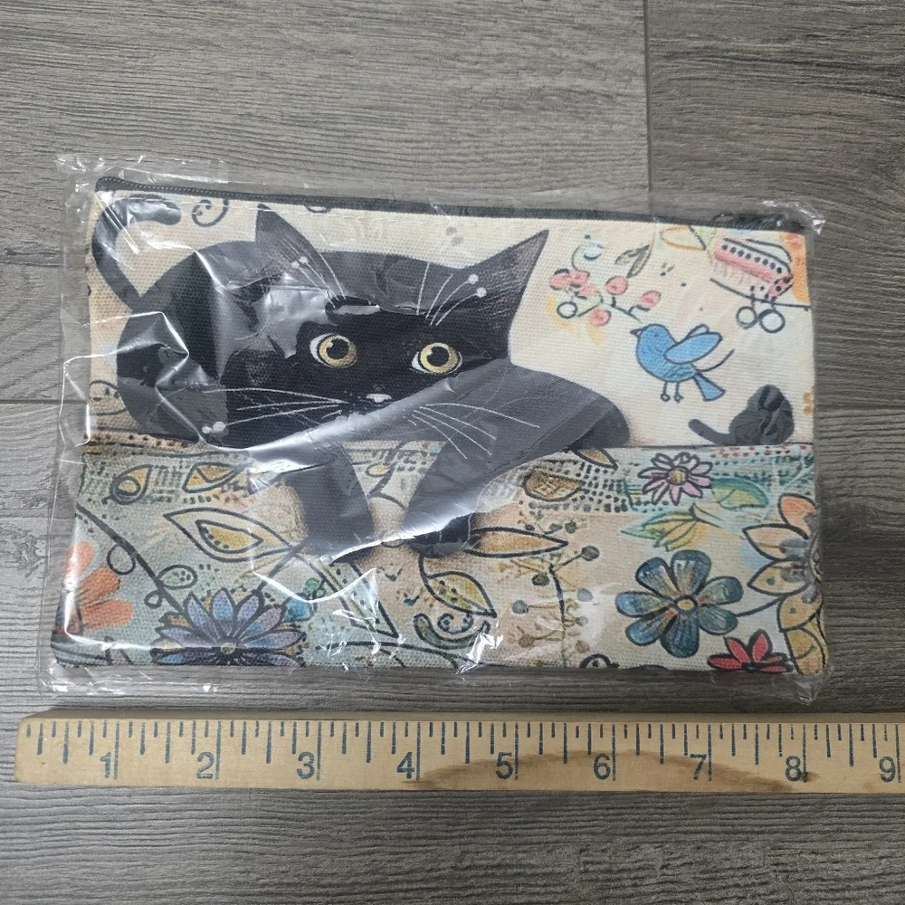 Cat Design Cosmetic Bag NWT Black Cat Floral Birds Travel Vacation Fun